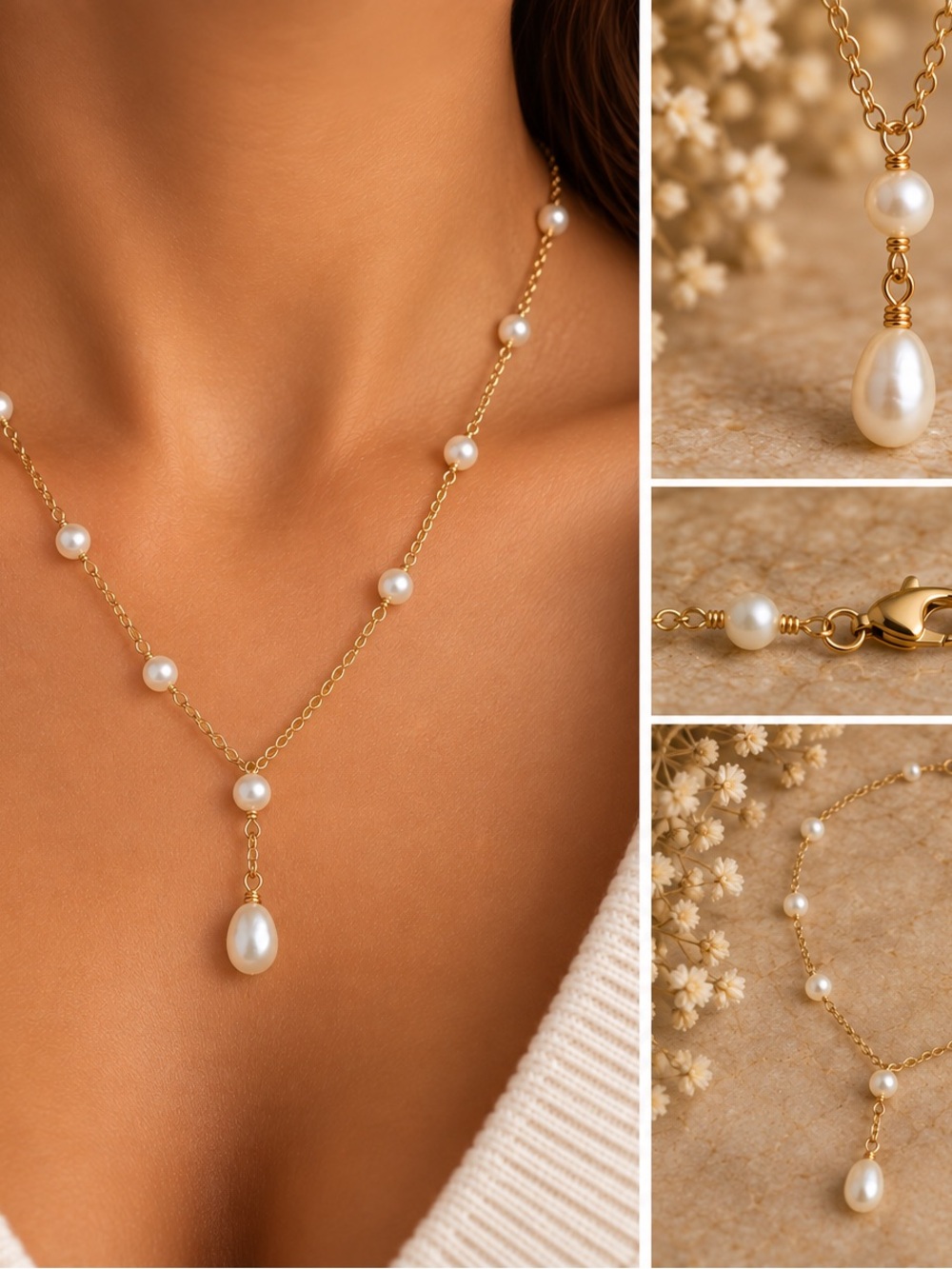 Gold Pearl Drop Y-Necklace